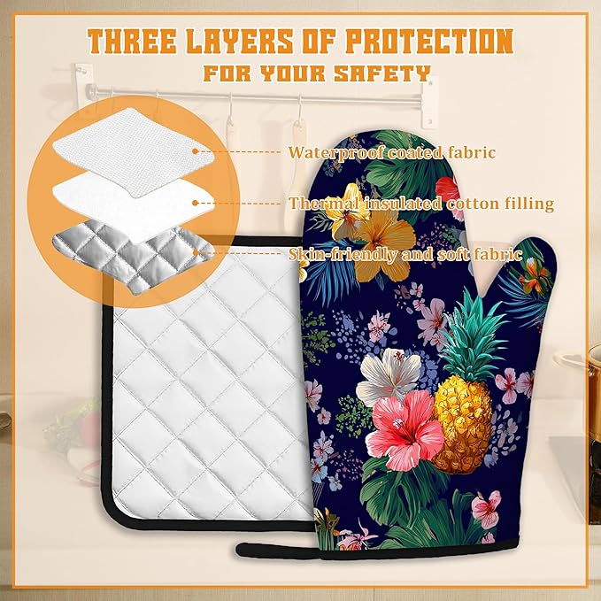 Palm Leaf Tropical Oven Mitts and Pot Holders,Pineapple Hibiscus Heat Resistant Oven Mitts Gloves and Pot Holder for Home Kitchen Decorations Cooking Baking BBQ Gifts,Set of 4