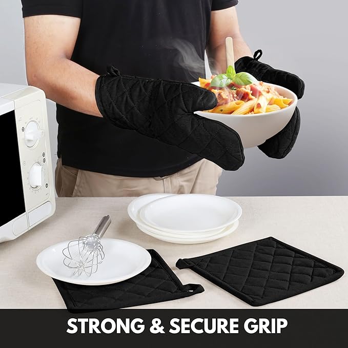 Oven Mitt & Pot Holder 100% Cotton Easter Heat Resistant Oven Gloves (7"x13") & Hot Pads (8"x8") Combo for Gifts, Cooking - Black