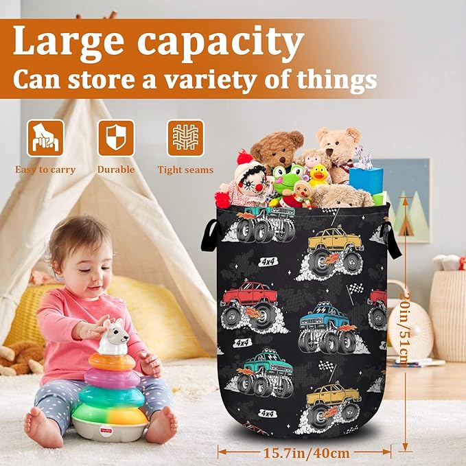 Monster Trunk Car Laundry Basket with Sturdy Handles, Collapsible Oxford Cloth Laundry Hamper Organizer Basket for Bathroom Bedroom 15.7x20 Inch
