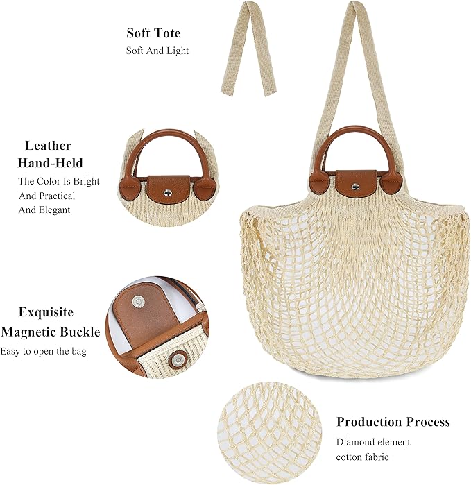Hibala Woven Bag for Women, Fishing net bag,Straw Mesh Tote Bag, Beach,Hobo Bag, Foldable Large Capacity