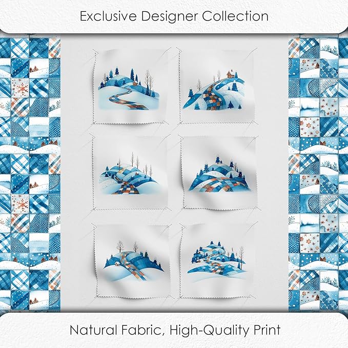 Winter Patchwork Landscape Cotton Fabric Panel – 6 Designs (10×10 inch Each) + Bonus Patchwork Sheet 29.5×19.6 inch, 100% Cotton 140 GSM