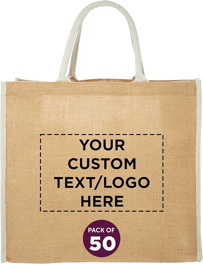 DISCOUNT PROMOS Custom Fresno Eco Friendly Jute Tote Bags Set of 50, Personalized Bulk Pack - Reusable, Great for Tradeshows, Grocery, Shopping and Outdoor Events - Light Beige