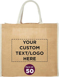 DISCOUNT PROMOS Custom Fresno Eco Friendly Jute Tote Bags Set of 50, Personalized Bulk Pack - Reusable, Great for Tradeshows, Grocery, Shopping and Outdoor Events - Light Beige