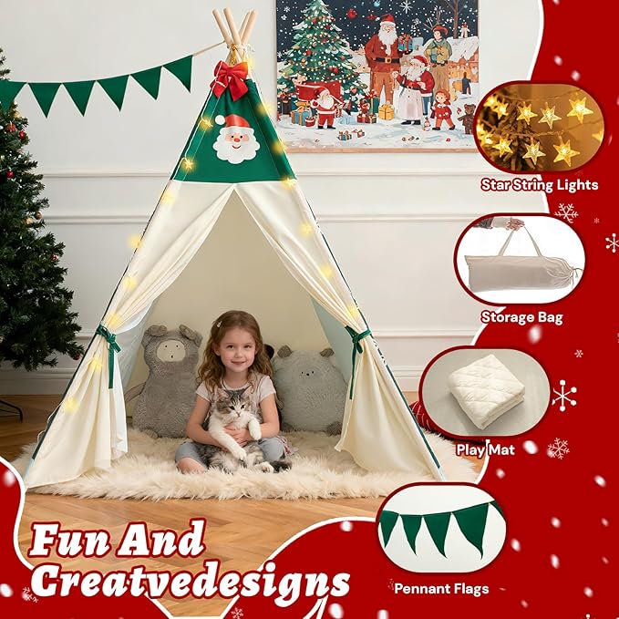 Duwenem Teepee Tent for Kids, Play Tent with Padded Mat & Star Lights, Indoor Play Tent for Girls & Boys (Christmas Teepee, 47 * 47 * 60in)