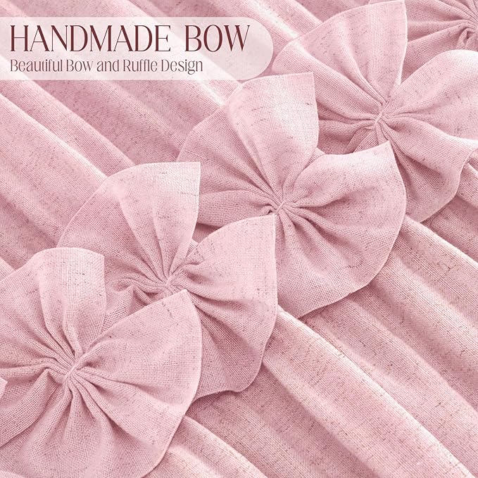 XOGUIBO Ruffle Shower Curtain with Handmade Bow Tie, Pink Linen Vintage Farmhouse Shower Curtain for Bathroom, 72" W x 72" H