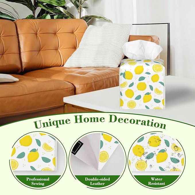 Lemon Citrus with Leaves Tissue Box Cover,Waterproof Leather Square Tissue Box Cover Case Facial Paper Organizer Dispenser Box Holder for Home Office Bathroom Vanity Countertop