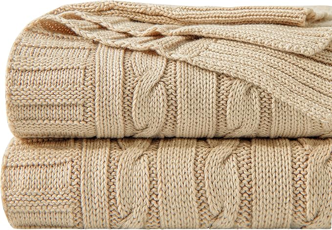 NTBAY 100% Pure Cotton Oversize (60x80) Cable Knit Throw Blanket, Super Soft Warm Knitted Throw Blanket for Bed, Sofa, Chair, Couch - Extra Cozy, Machine Washable, Comfortable Home Decor, Khaki