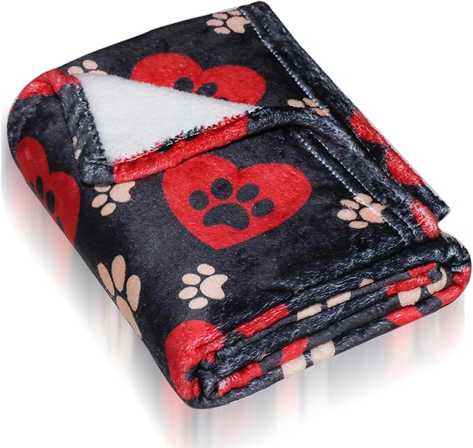 Gowyeg Dog Blankets for Large Dogs, 60"x50" Blanket Washable, Fuzzy Soft Pet Mat Throw Cover for Kennel Crate Bed, Cute Paw Pattern, Cat Blanket, Gifts Medium Small Pet Essentials, Black Red