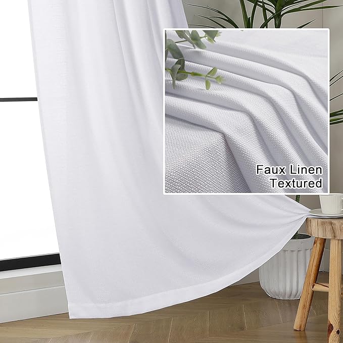 Lecloud Bessie White Curtains 63 Inch Length 2 Panels, Light Filtering Curtains for Bedroom, Faux Linen Textured Window Drapes with Rod Pocket, Window Treatments for Living Room, Each 40 W x 63 L