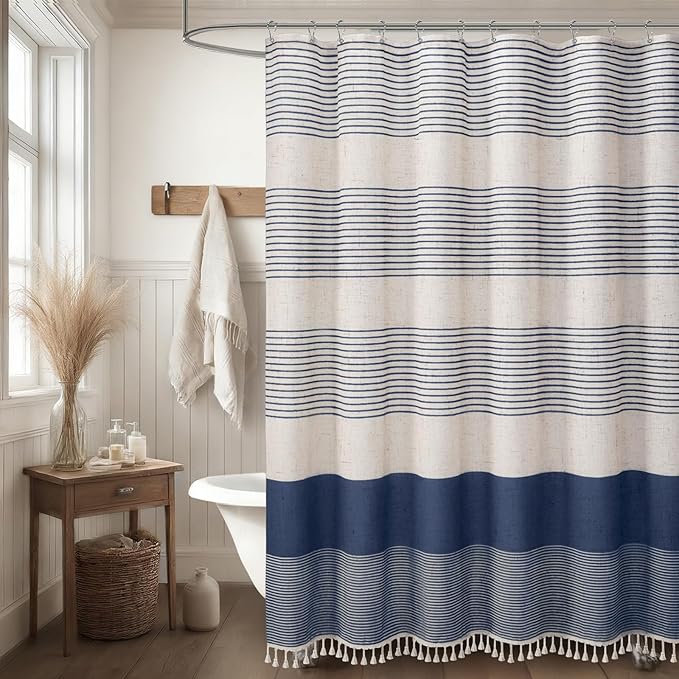 XOGUIBO Navy Blue Shower Curtain Linen Coastal Ocean Striped Shower Curtains for Bathroom with Tassel 72 X 72