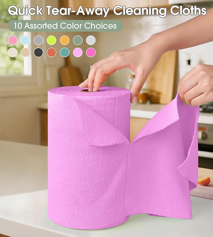 KitchLife Microfiber Cleaning Cloth Roll, 100 Pack - Tear-Away Microfiber Paper Towels, Lint-Free, Reusable, Washable for Kitchen, Car, Dishes, and Sensitive Surfaces (Light Purple)