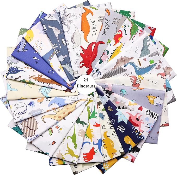 Hanjunzhao 21Pcs Cartoon Dinosaur Fabric Fat Quarters Bundles 18 x 22 Inch, Animal Print Dinosaurs Cotton Quilting Fabric Squares for Quilting, Sewing, Baby Boy Blanket, Quilts, Home Decor, and Crafts