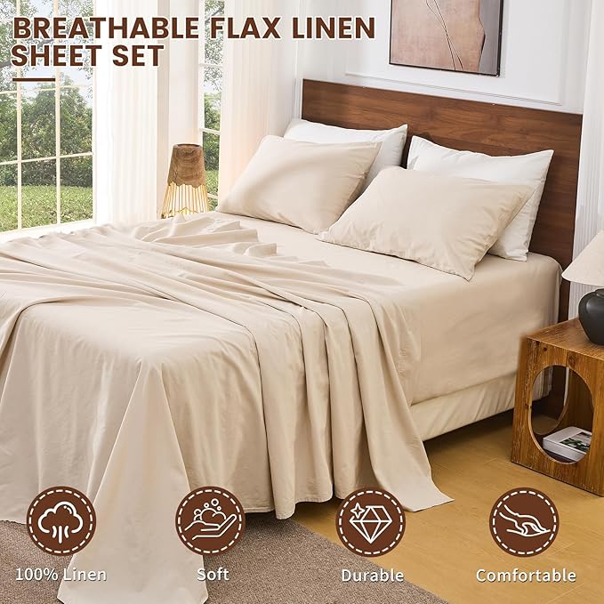Bedlifes 100% French Flax Linen Sheets Set California King Size-6 Piece Extra Deep Pocket 18-24",Soft Breathable Cal King Bed Sheets with Temperature Regulating & Moisture-Wicking(Linen