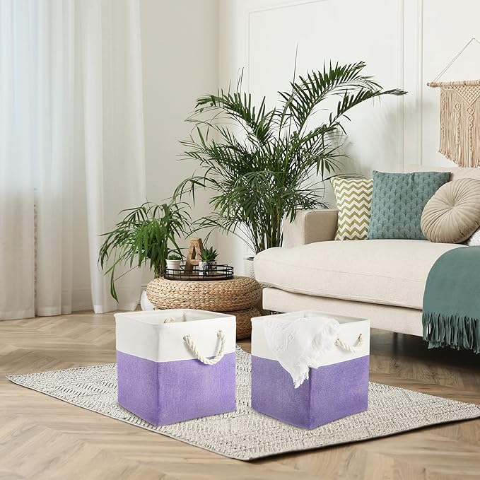 Geiserailie 6 Pcs 11 x 11 Inch Cube Storage Bins Fabric Storage Organizer Bins Foldable Cube Baskets with Sturdy Carry Handles Wicker Baskets for Home (White,Purple)