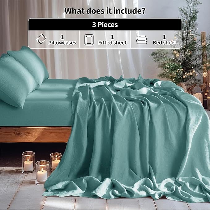 LBRO2M 100% Linen Sheet Set Twin Size,Bed Sheets 3 Piece Sets,Solid Color Natural Flax Bed Sheets Soft Breathable Bedding,16" Deep Pocket,All Season (Twin, Aqua)