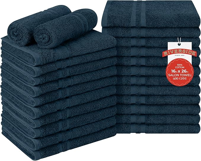 RIVERSIDE Pack of 24 Salon Towels Set – 16 x 26 Inches, 100% Ring Spun Cotton Highly Absorbent and Quick Dry Towels for Salon, Hand, Barber, Gym, Home & Hair Care, Navy Blue