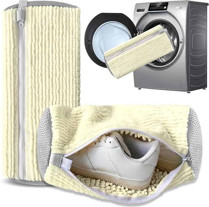 Xinambyh 2Pcs Reusable Shoe Washing Machine Bag for Washer and Dryer:Free Up Hands, Prevent Deformation,shoe bag with Zipper Protection Design, Use for all Shoes,Sports Shoes(Cream)