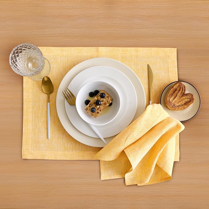 Solino Home Linen Cloth Napkins Set of 4-100% Pure Linen Chambray Mustard Yellow Dinner Napkins 20 x 20 Inch for Spring, Easter - Athena, Handcrafted and Machine Washable