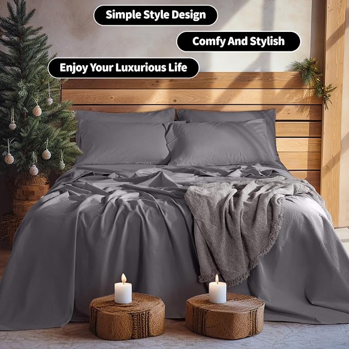 LBRO2M 100% Linen Sheet Set King Size, Bed Sheets 6 Piece Sets,Solid Color Natural Flax Bed Sheets Soft Breathable Bedding,16" Deep Pocket,All Season (King, Dark Grey)
