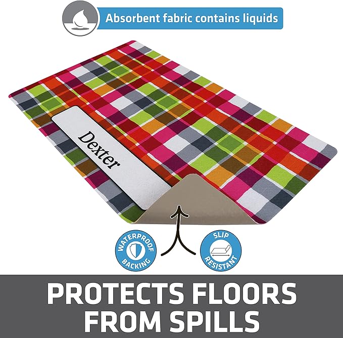 Drymate Personalized Pet Bowl Placemat, Custom Dog & Cat Food Feeding Mat - Absorbent Fabric, Waterproof Backing - Machine Washable/Durable (USA Made) (12" x 20") (Pink Plaid)