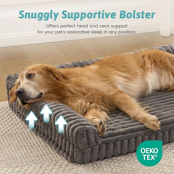 COZY KISS Cute Dog Bed, Faux Rabbit Fur Orthopedic Foam Dog Bed with Sides, Removable Washable Cover & Waterproof Lining, Comfortable Pet Couch for Extra Large Dogs, Grey (48" L x 35" W x 7.5" Th)