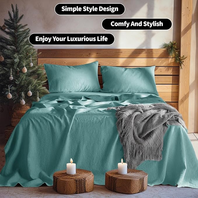 LBRO2M 100% Linen Sheet Set Twin Size,Bed Sheets 3 Piece Sets,Solid Color Natural Flax Bed Sheets Soft Breathable Bedding,16" Deep Pocket,All Season (Twin, Aqua)