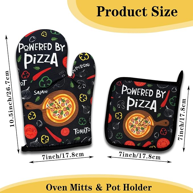 Funny Oven Mitts and Pot Holders Set of 3, Powered by Pizza, Heat Resistant Non-Slip Kitchen Mitts Hot Pads, Pizza Lover Gifts, Christmas Baking Gifts for Women Hostess Mom Wife Chef Baker