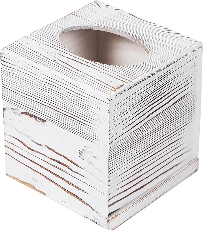 CATORY Tissue Box Cover, Wood Tissue Box Cover Square, Farmhouse Tissue Box Holder Covers Your Tissues, Decorative Tissue Cube Box Cover with Slide-Out Bottom (White)