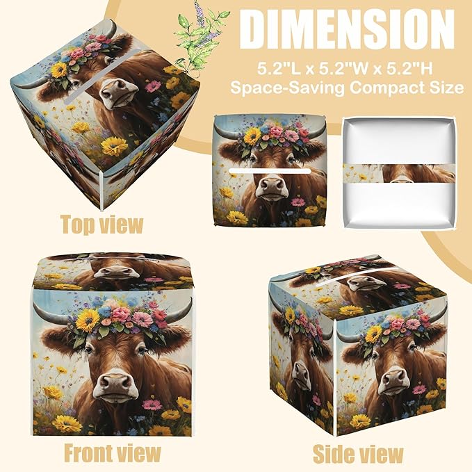 BLYKVGHQ Leather Tissue Box Holder Cow with Flowers Tissue Box Cover Facial Paper Case Organizer Cube Napkin Dispenser for Bathroom Vanity Countertop Night Stand Office Car