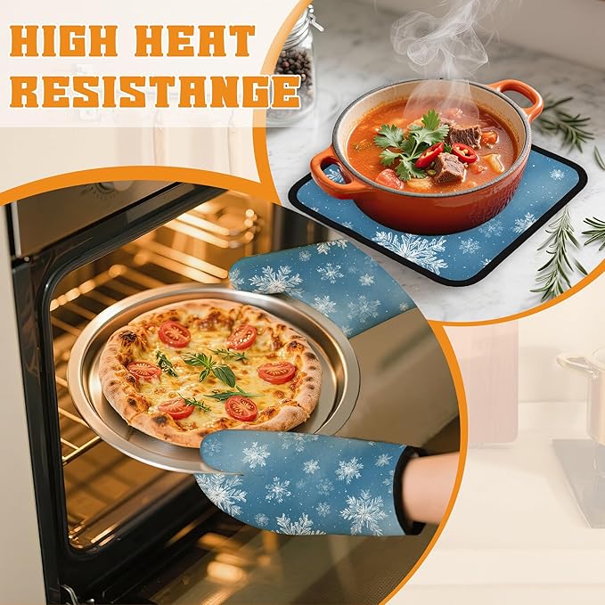 Snowflakes Oven Mitts and Pot Holders,Christmas Heat Resistant Oven Mitts Gloves and Pot Holder for Home Kitchen Decorations Cooking Baking BBQ Gifts,Set of 4