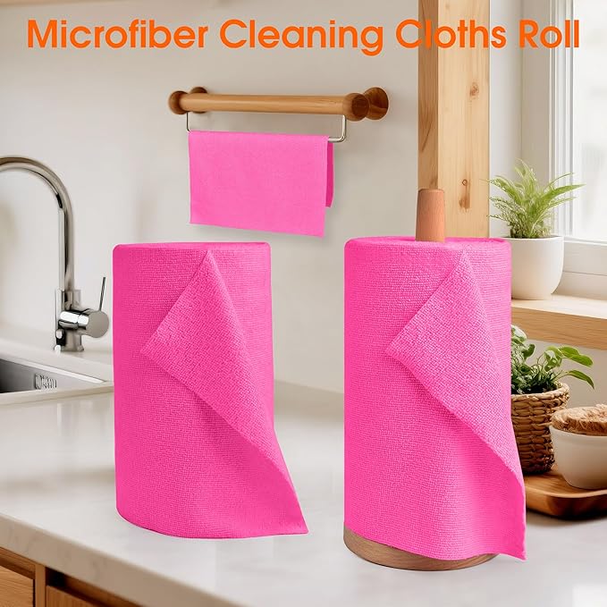 CHAUNCEY HOME Microfiber Cleaning Cloth Roll - 100 Pack Tear Away Microfiber Paper Towels, Reusable, Washable, Scratch-Free, Kitchen Towels for Car, Home, Kitchen, Glass, Dishes (Hot Pink)