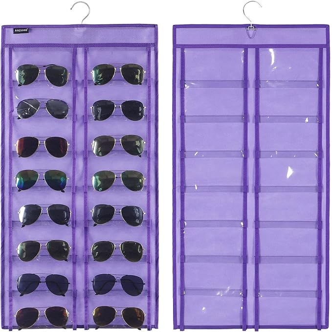 ANZORG Dual Sided Hanging Sunglasses Organizer Wall Eyeglass Holder Sunglass Rack for Home with 32 Dust Proof Pockets (32 Pockets-Purple)