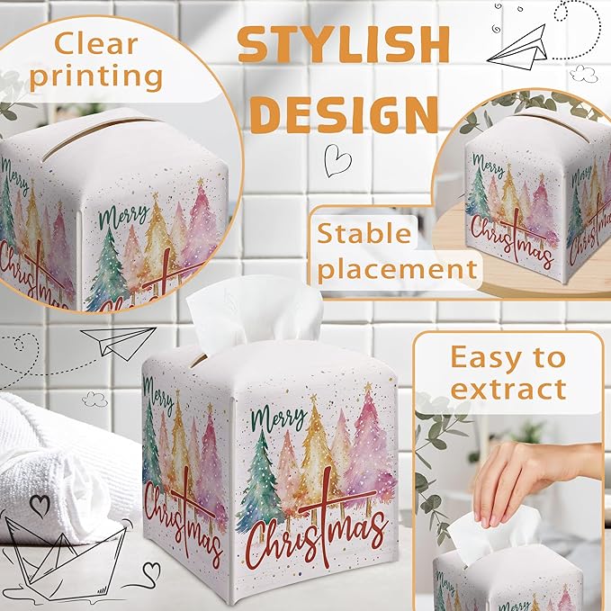 Merry Christmas Tissue Box Holder, Colorful Christmas Tree Leather Tissue Box Cover Square, Paper Facial Decorative Tissues Cover for Night Stands Bathroom Kitchen Office Home Decor-B14