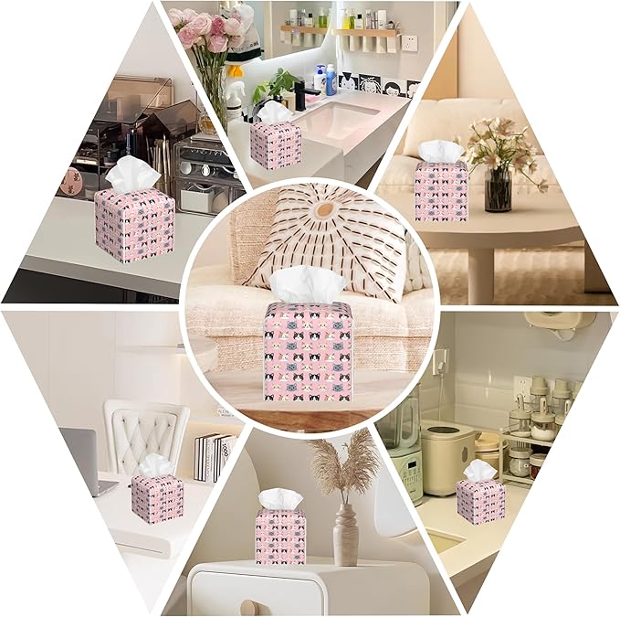 Leather Tissue Box Holder Cute Cat Faces Tissue Box Cover Facial Paper Case Organizer Cube Napkin Dispenser for Bathroom Vanity Countertop Night Stand Office Car