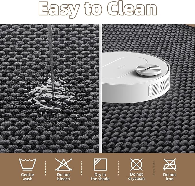 PADOOR-Bath Mat-Super Absorbent Chenille Bathroom Mats-Rubber Backed Bath Mats for Bathroom Non Slip, Easy Clean Bathroom Rugs Front of Bathtub,Shower Room,Sink-17×28, Darkgrey&Black