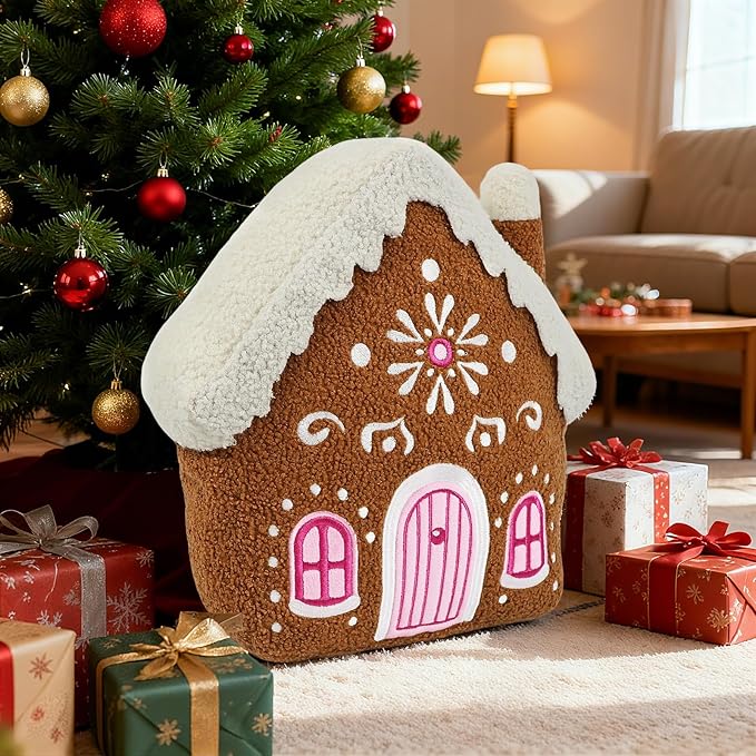 VigorSpring Christmas Gingerbread House Pillow - Soft Teddy Fleece Stuffed Cushion for Christmas Home Decoration, Perfect Throw Pillow for Kids, Sofa, Bed, Office, Living Room Indoor Use