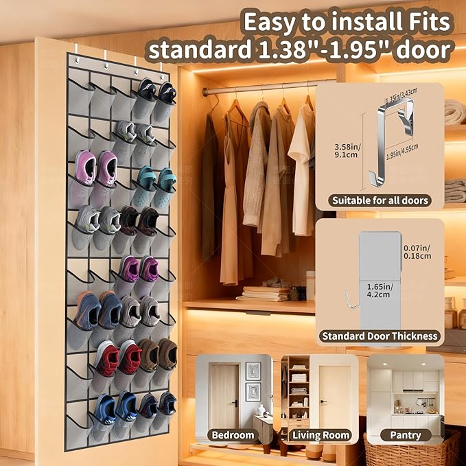 Gisiyunly Over the Door Shoe Organizer with 40 Large Pockets, Multi-Purpose Storage for Shoe and Accessories, Durable Fabric with Adjustable Hooks for Home Closet Bedroom Entryway-Grey