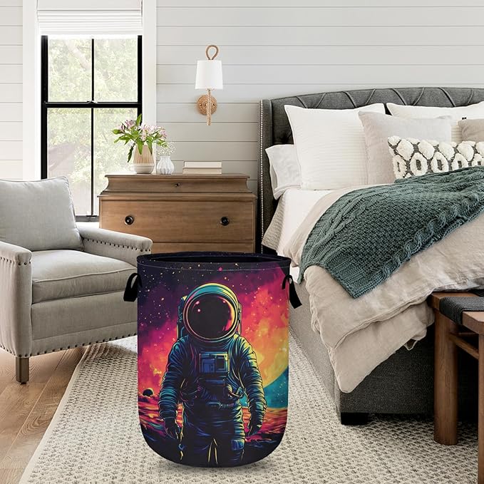 Astronaut Laundry Basket with Sturdy Handles, Universe Planet Collapsible Oxford Cloth Laundry Hamper Organizer Basket for Bathroom Bedroom 15.7x20 Inch