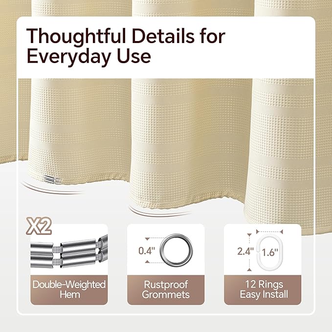 TURKIO Cream Shower Curtain Waffle Weave Shower Curtain Neutral Striped Fabric Shower Curtains for Bathroom (72Wx72H, Cream)