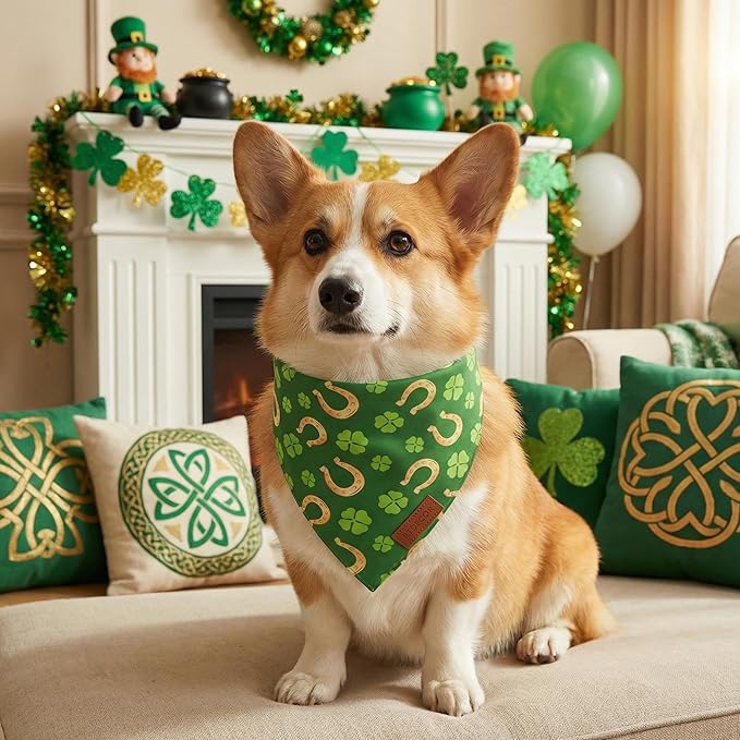 PTDECOR St. Patrick's Day Dog Bandana, Irish Reversible Pet Scarf, Premium Durable Fabric, Green Shamrock Donuts Pet Bandanas for Medium Large Dogs Pets (Large)