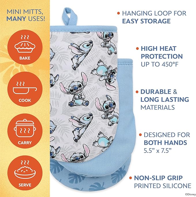 Disney Oven Mitts - 5.5” x 7.5” Heat-Resistant Mini Oven Mitts with Non-Slip Printed Silicone Disney Silhouettes - Mickey & Minnie, Stitch, Winnie The Pooh