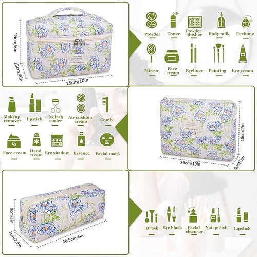 3PC Makeup Bag Set, Quilted Makeup Bag, Large Floral Cosmetic Bag for Women, Cute Cotton Makeup Bags, Flower Travel Toiletry Organizer Bag (light blue)