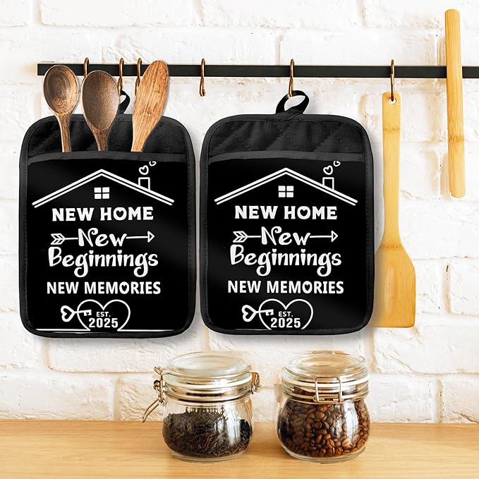 Housewarming Gifts Pot Holders with Pockets, New Home New Beginnings Memories Oven Pot Holders Heat Resistant Oven Mitts Hot Pads for Kitchen Baking Cooking