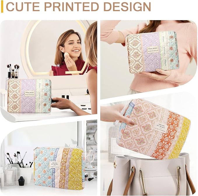 Gosect Floral Makeup Bag, Small Cosmetic Bag for Women Girls, Cute Cotton Makeup Bag, Quilted Makeup Bags, Flower Travel Toiletry Organizer Bag(Color-Coded Floral)