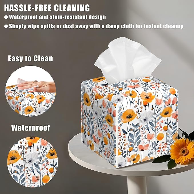 BLYKVGHQ Botanical Square Tissue Box Cover Vintage Wildflowers Tissue Box Holder Facial Cube Paper Dispenser Leather Decorative Organizer Home Office Desk Decor, 5.2"x5.2"x5.2"