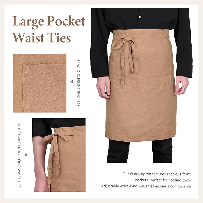 Pure Linen Bistro Half Apron - 25 x 35 Inch Unisex Waist Aprons with Large Pocket Ideal for Kitchen Crafts and More