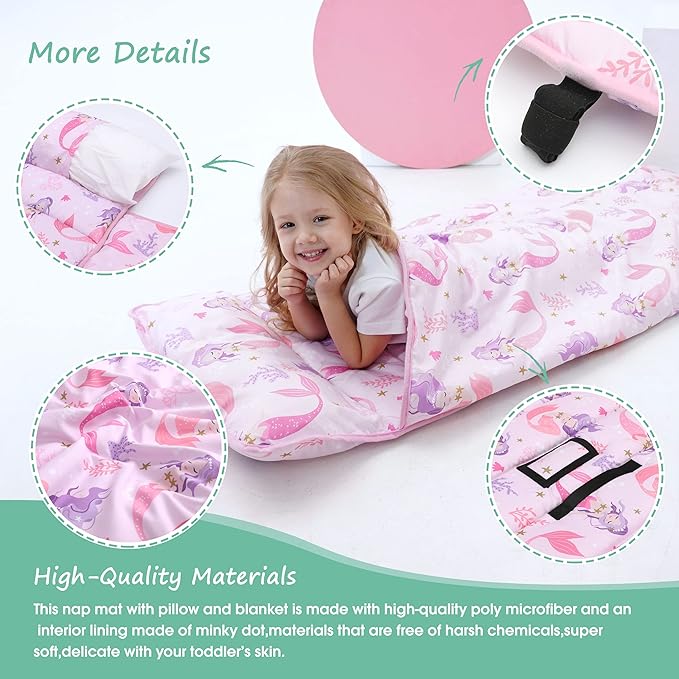 ACRABROS Toddler Nap Mat with Pillow and Blanket, Extra Large Rolled Napping Mats,Slumber Bags for Boys Girls,Kids Sleeping Bag for Daycare, Preschool Travel Camping,Mermaid