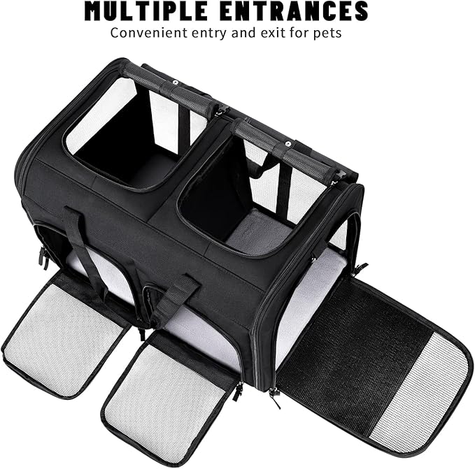 Groxkox Cat Carrier for 2 Cats, Foldable Double Cat and Dog Carrier, Small to Medium Size, 2 Front Zippered Compartments,Two Pets Carrier for Outdoor Travel,Mulitple Cat Carrier (Black)