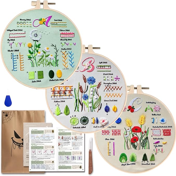 TenDawn Embroidery Kit for Beginners – 3PCS Floral Sampler Patterns, DIY Hand Embroidery Starter Set for Adults & Kids, Learning Stitches Craft Kit Gift