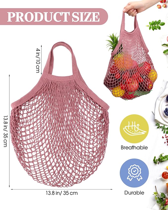 Eccliy 12 Pcs Reusable Mesh Grocery Bags Portable Cotton Produce Containers Washable Net Mesh Tote Bag Handle String Shopping(Pink)